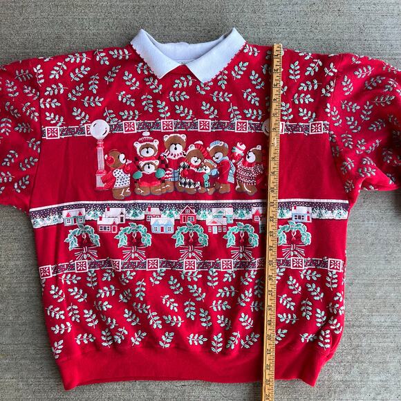 VTG 80s Spumoni Christmas Caroling Teddy Bear Puff Print Sweatshirt Collar M - Picture 5 of 9